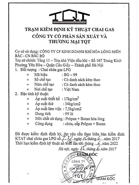 Giấy Kiểm Định Chai Gas